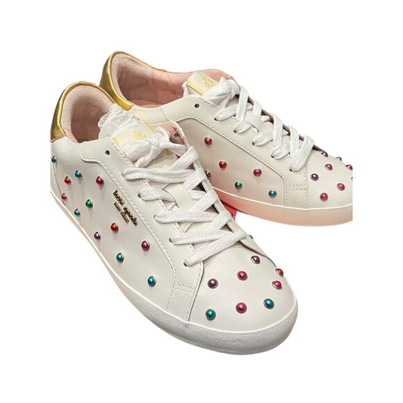 Kate Spade Ace Gem Sneakers 8.5B Optic White & Gold With Multicolor Studs New - Picture 2 of 5